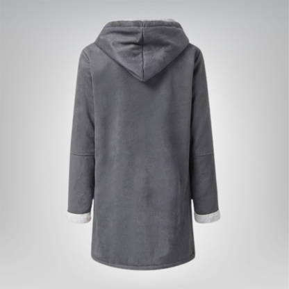 Veste longue en polaire grise avec capuche, coupe mi-longue, manches longues
