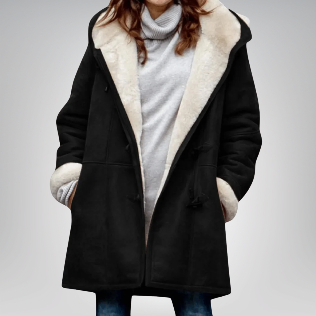 Veste longue en polaire noire avec col en fausse fourrure, capuche et boutons-pattes