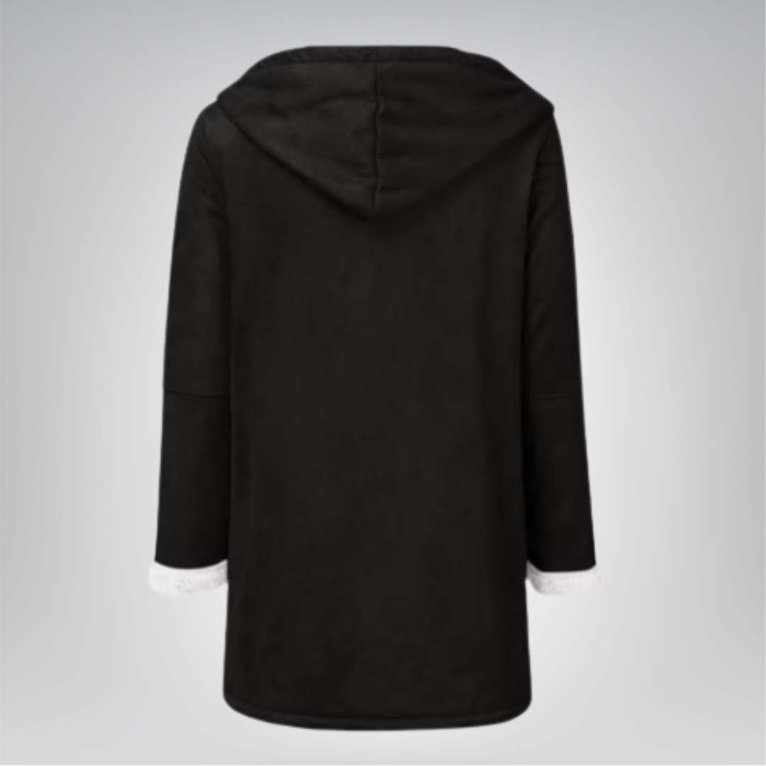 Veste longue en polaire noire avec capuche, coupe mi-longue, manches longues