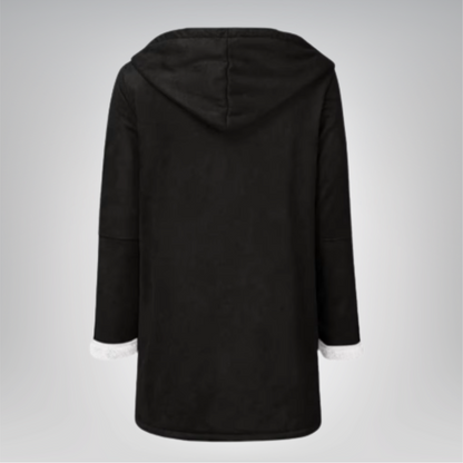 Veste longue en polaire noire avec capuche, coupe mi-longue, manches longues