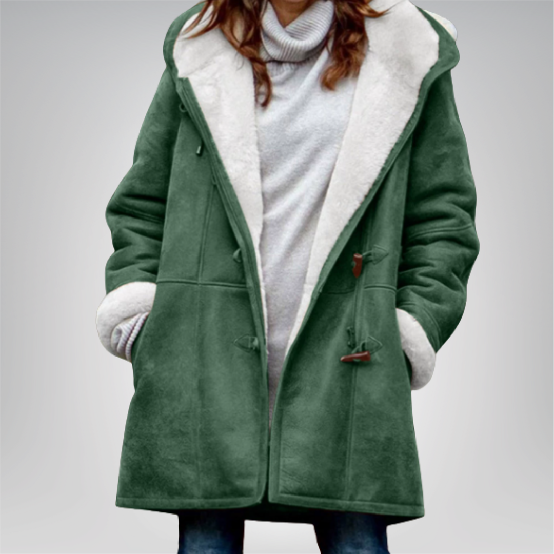 Veste longue en polaire vert foncé avec col en fausse fourrure, capuche et boutons-pattes
