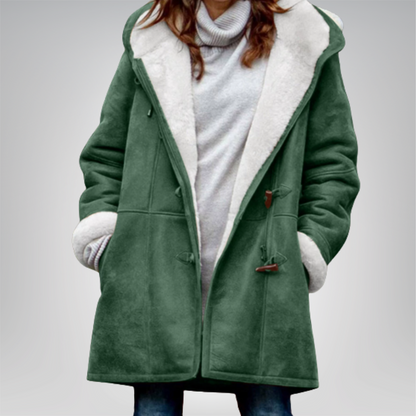 Veste longue en polaire vert foncé avec col en fausse fourrure, capuche et boutons-pattes