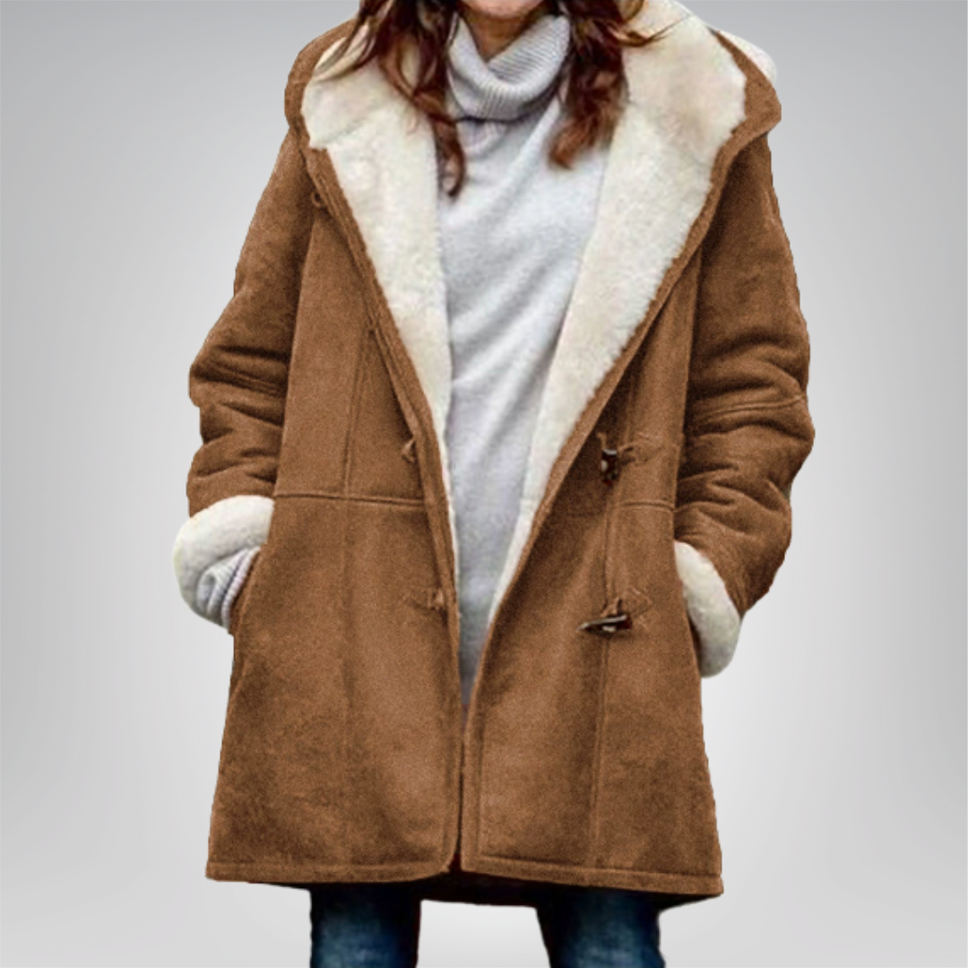 Veste longue en polaire marron avec col en fausse fourrure, capuche et boutons-pattes