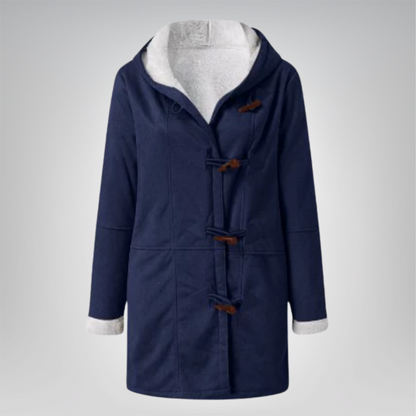 Veste polaire élégante bleu foncé à capuche, doublure gris clair, patte à boutons