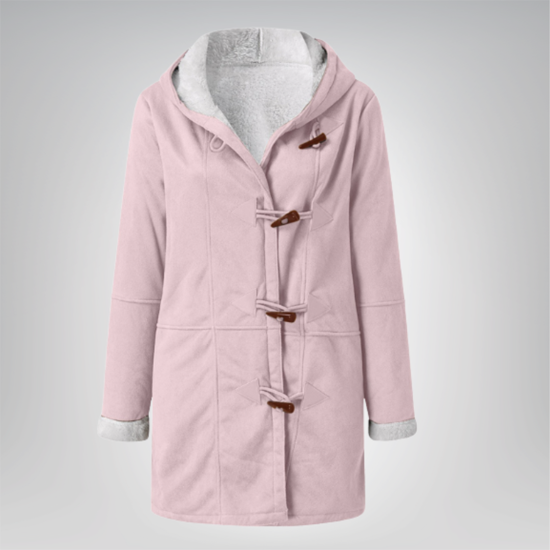 Veste polaire élégante rose clair à capuche, doublure gris clair, patte à boutons