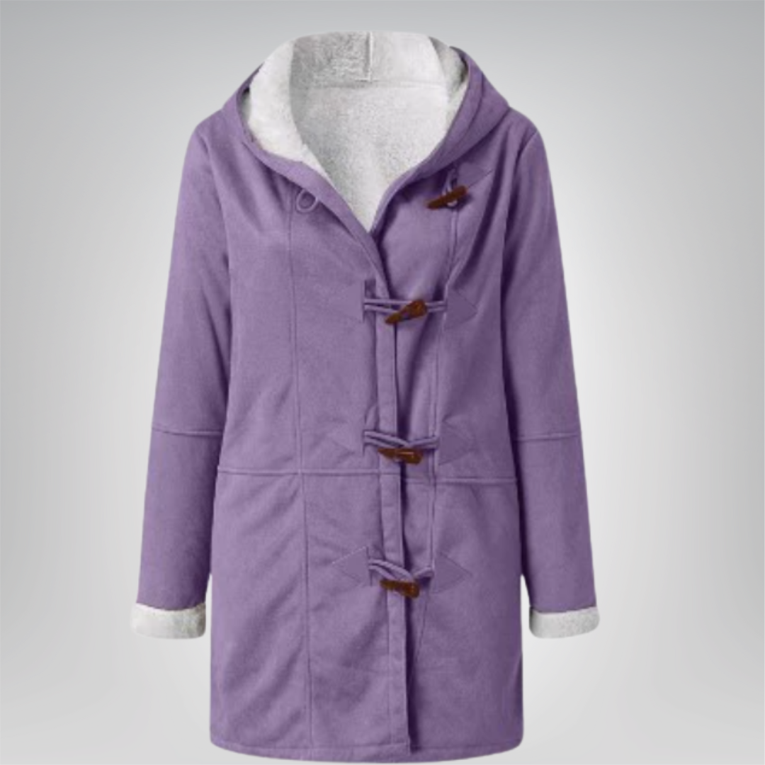 Veste polaire élégante violet à capuche, doublure gris clair, patte à boutons