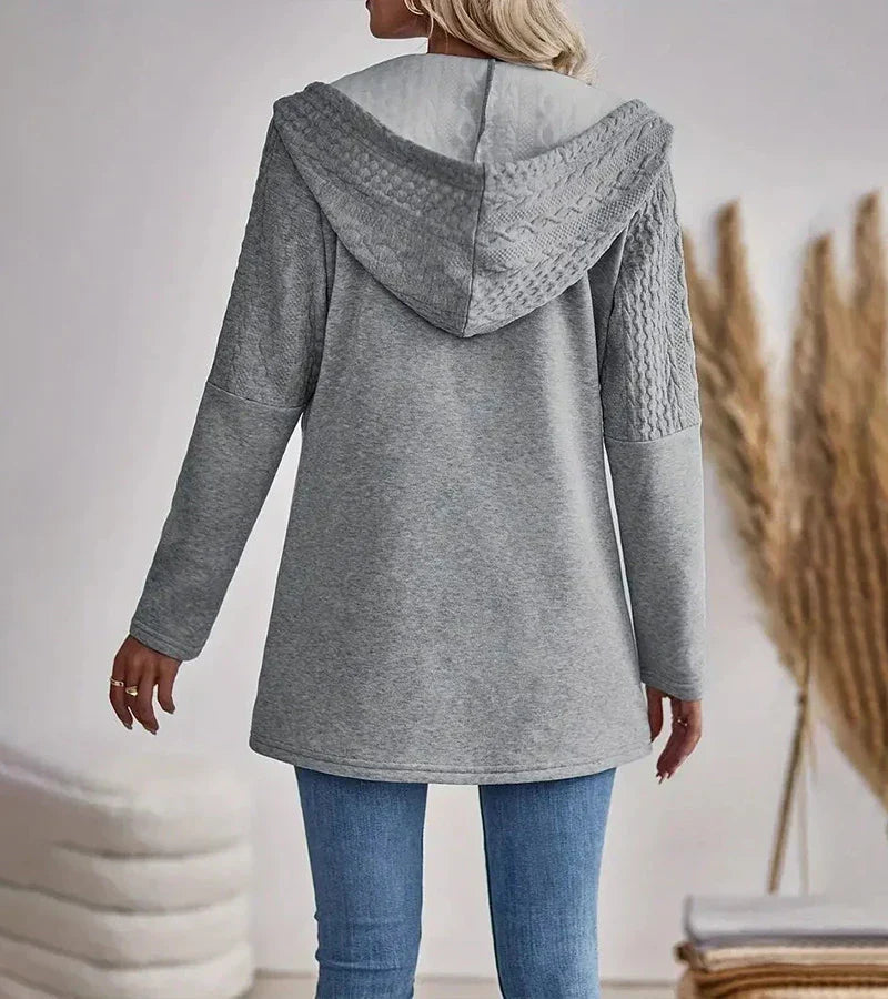 Sweat à capuche Plume zippé gris chiné, tissu côtelé texturé et poche kangourou.