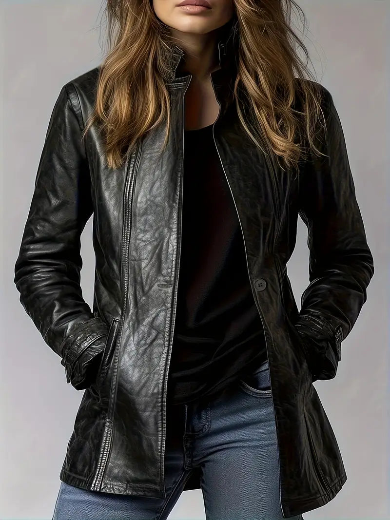 Veste en cuir noire à fermeture zippée et col montant, poches devant