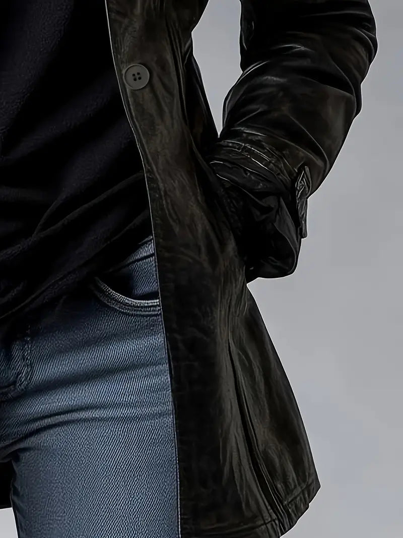 Veste en cuir noire: poche/zip et bouton au poignet, vue rapprochée