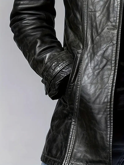 Veste en cuir noire, fermeture zippée et passepoils, gros plan sur la manche