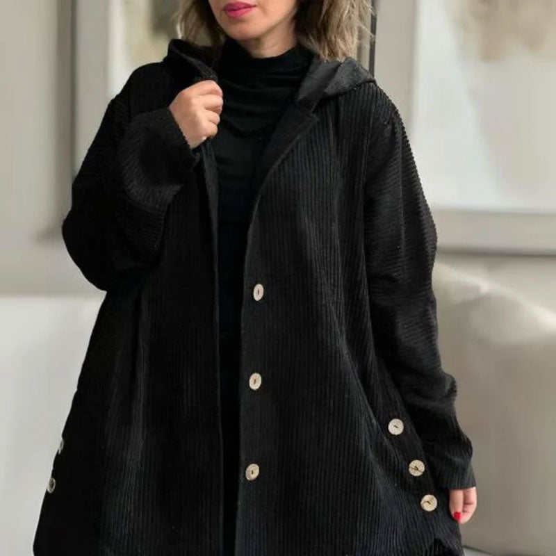 Veste à capuche en velours côtelé noir, fermeture boutonnée, coupe ample