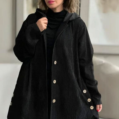 Veste à capuche en velours côtelé noir, fermeture boutonnée, coupe ample
