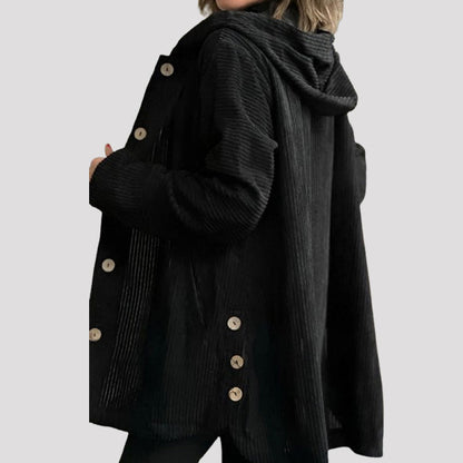 Veste à capuche en velours côtelé noir, vue de côté, fermeture boutonnée
