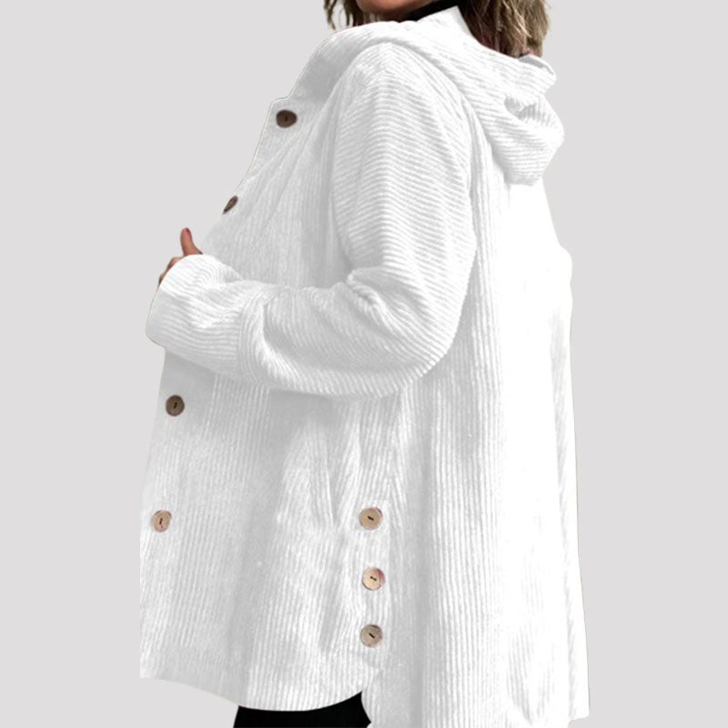 Veste à capuche en velours côtelé blanc, vue de côté, fermeture boutonnée