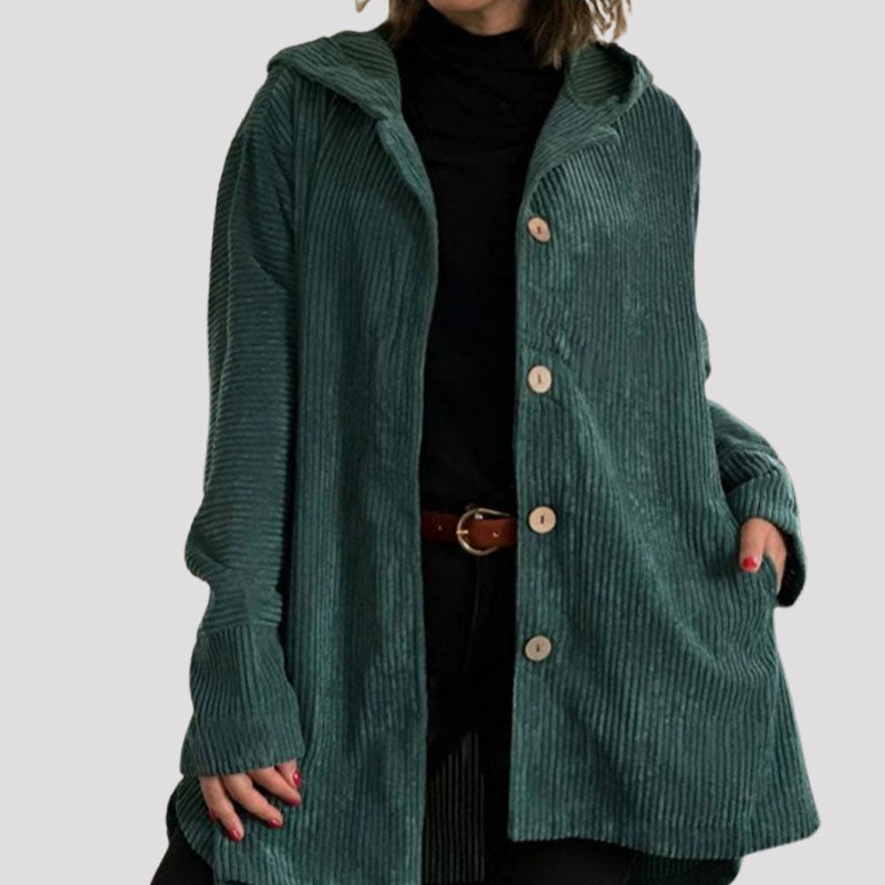 Veste à capuche en velours côtelé vert foncé, fermeture boutonnée, poches visibles
