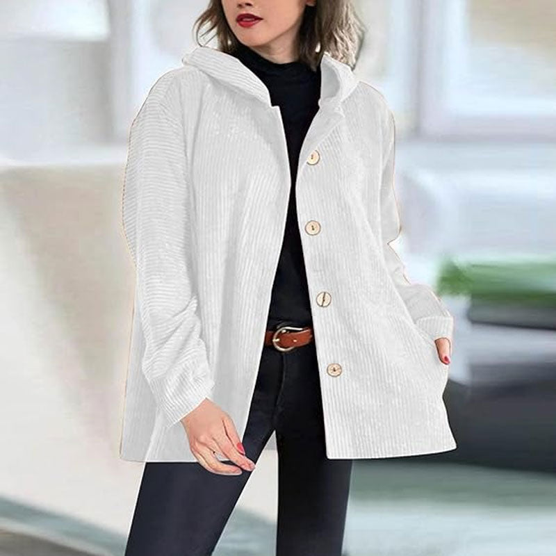 Veste à capuche en velours côtelé blanc, fermeture boutonnée, coupe ample