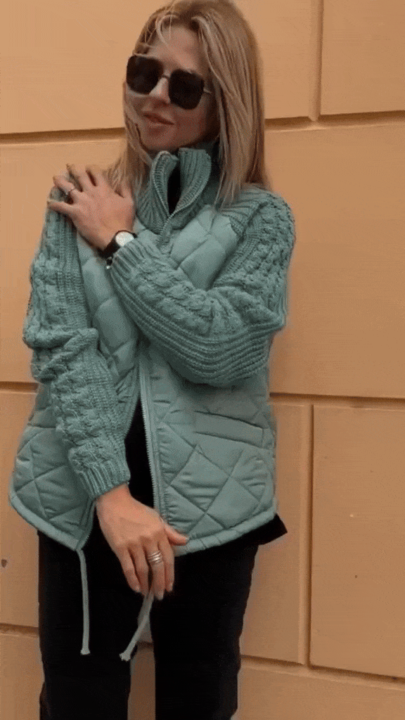 Veste matelassée vert d’eau avec fermeture zippée, surpiqûres losanges et poches