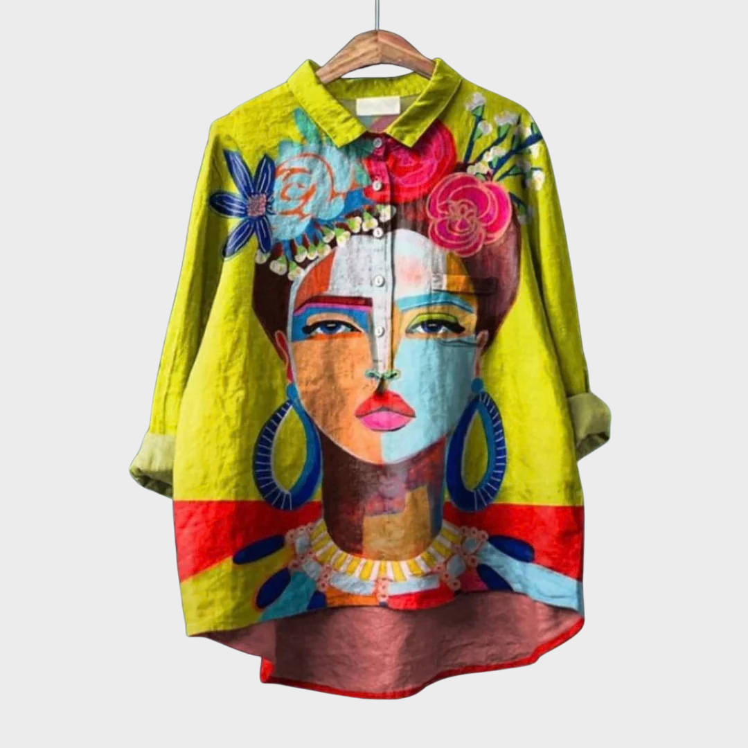 Chemisier en lin jaune à col, manches longues, patte boutonnée et grand imprimé visage coloré