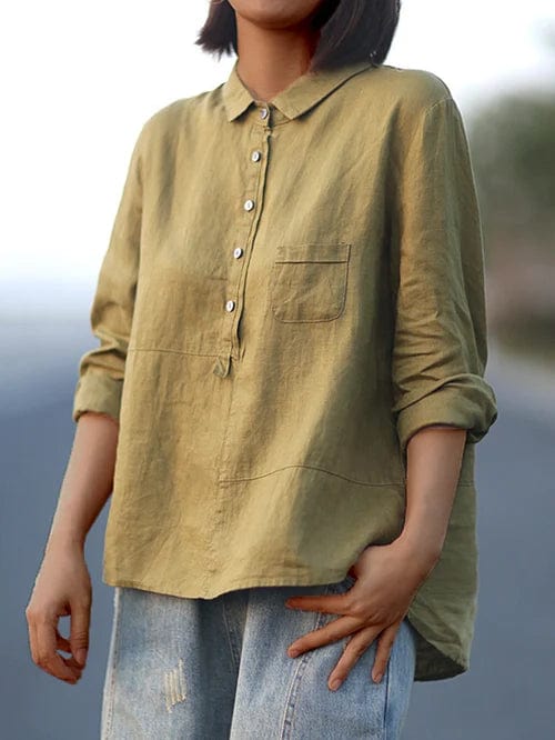 Chemisier en lin vert olive, col chemise et boutons, poche poitrine
