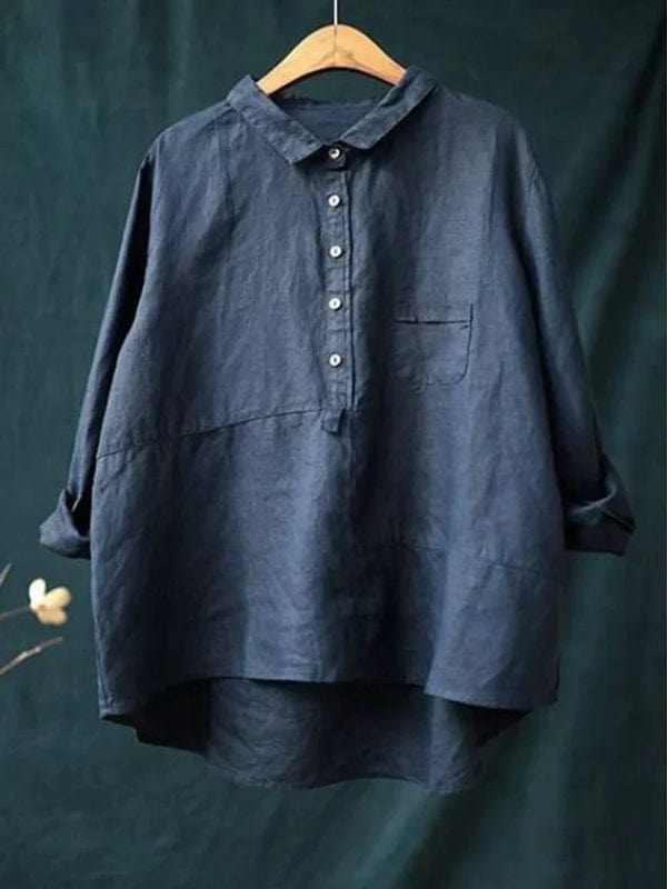 Chemisier en lin bleu marine, col chemise, boutons et poche poitrine