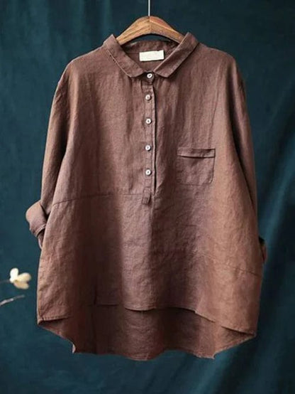 Chemisier en lin rouille, col chemise, boutons devant et poche poitrine