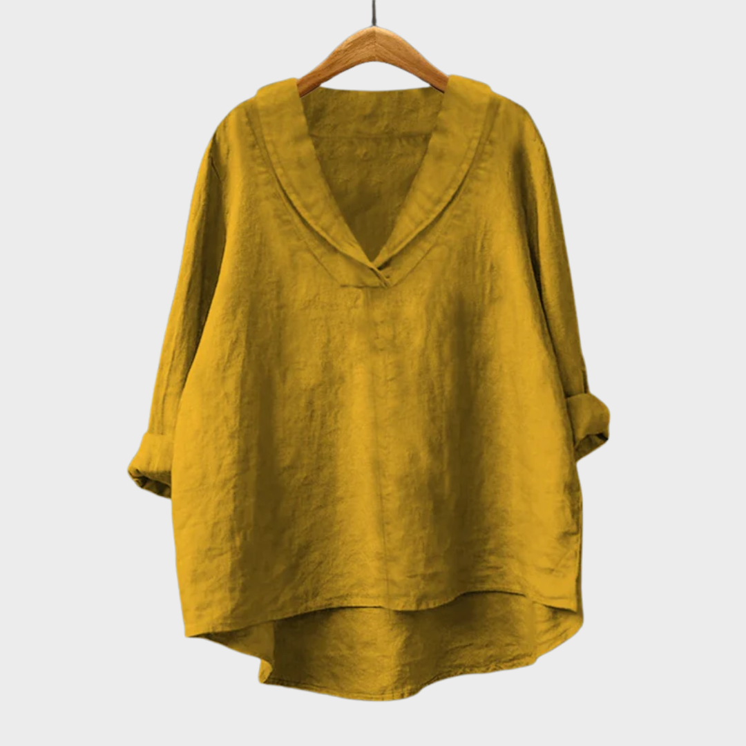 Chemise d’été en lin jaune à encolure V, manches trois-quarts et coupe ample