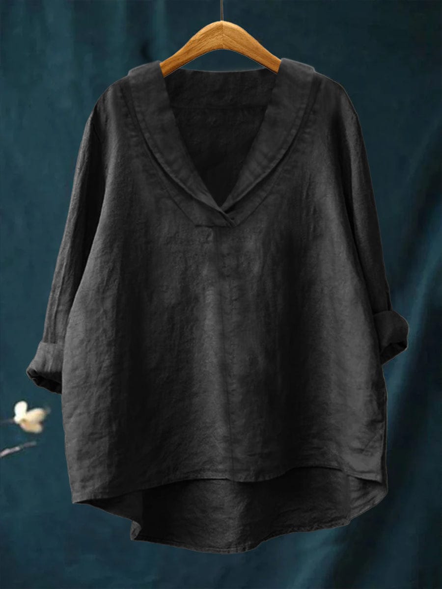 Chemise d’été en lin noire à encolure V, manches trois-quarts et coupe ample