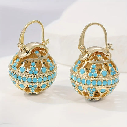 Boucles d’oreilles mandala turquoise doré, motif ajouré et perles bleu