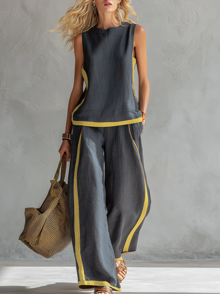 Ensemble deux pièces bleu marine : débardeur sans manches et pantalon fluide à bordure jaune