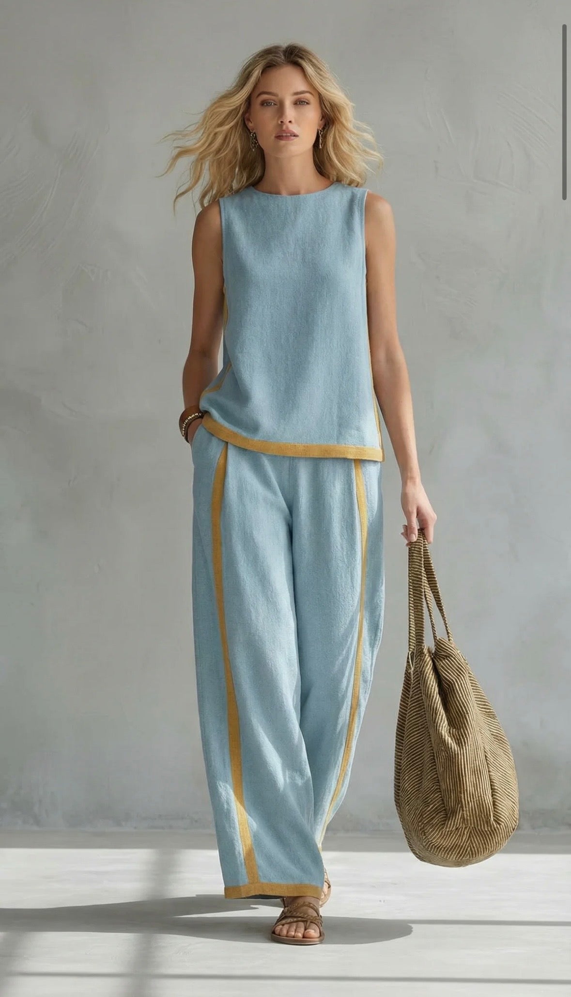 Ensemble deux pièces bleu clair : débardeur sans manches et pantalon ample à bordure dorée
