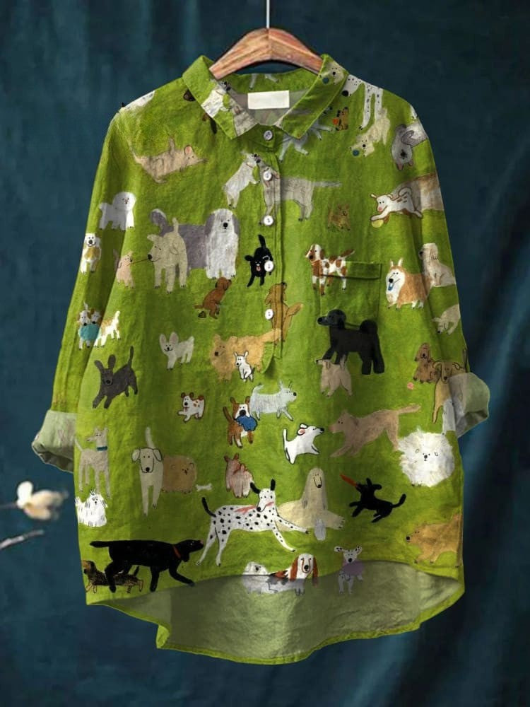 T-shirt vert à motifs de chiens, manches longues boutonnées, col
