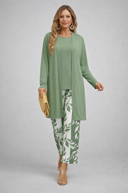 Ensemble 3 pièces vert : tunique longue manches longues et pantalon imprimé feuilles.