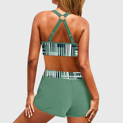 Ensemble maillot bikini taille haute côtelé vert, dos nageur bretelles croisées, short