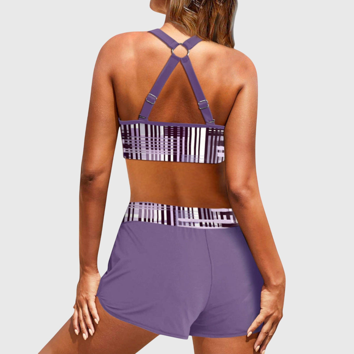 Ensemble maillot bikini taille haute côtelé violet, dos nageur bretelles croisées, short