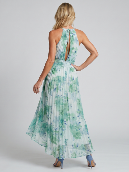 Robe longue plissée motif floral vert d’eau, dos nu avec ouverture et ruban