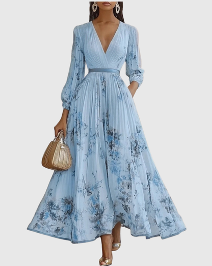 Robe longue plissée à encolure V, bleu clair imprimé, ceinture élastique