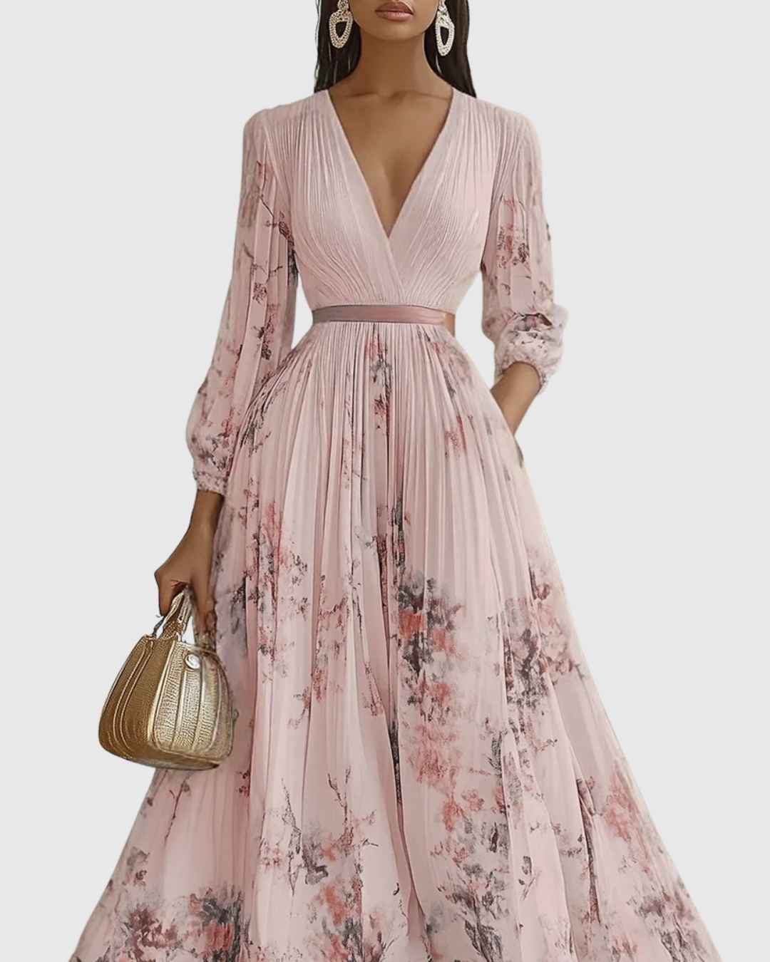 Robe longue plissée à encolure V, rose clair imprimé fleurs, manches longues