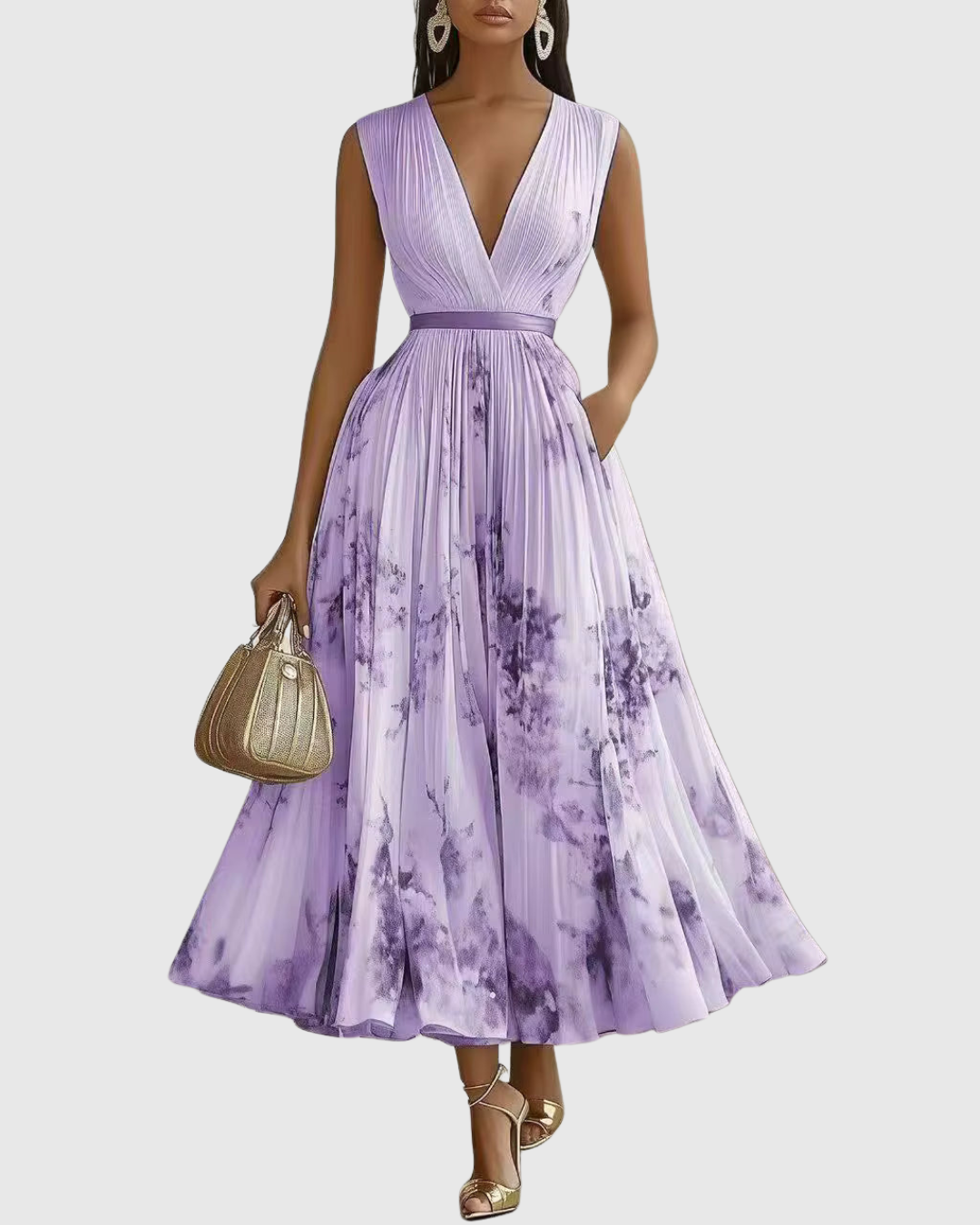 Robe longue plissée sans manches, encolure V, imprimé violet sur fond clair.