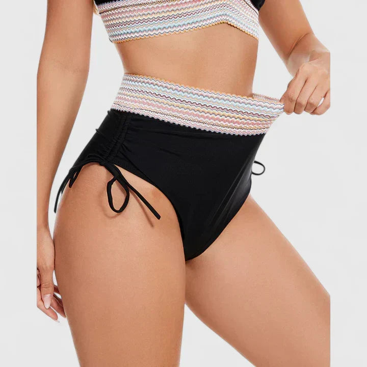 Bas de bikini noir taille haute à cordons, rayures multicolores autour de la taille