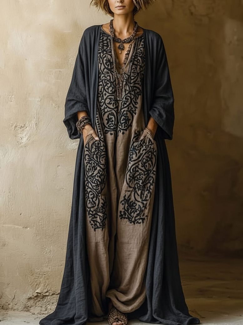 Ensemble bohème deux pièces : robe ample grise foncée et pantalon beige à motifs