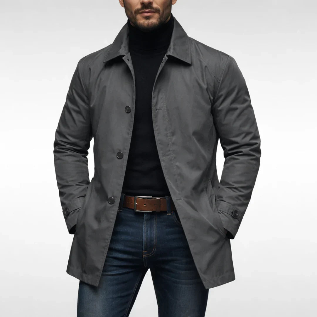 Pardessus mi-saison gris, col droit, fermeture boutonnée, coupe mi-longue