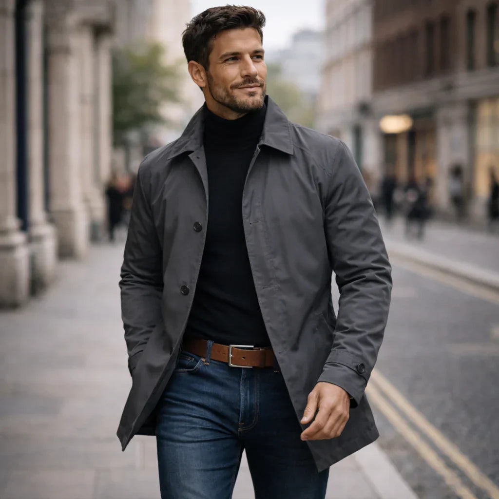 Pardessus mi-saison gris foncé, col droit, fermeture boutonnée, coupe mi-longue