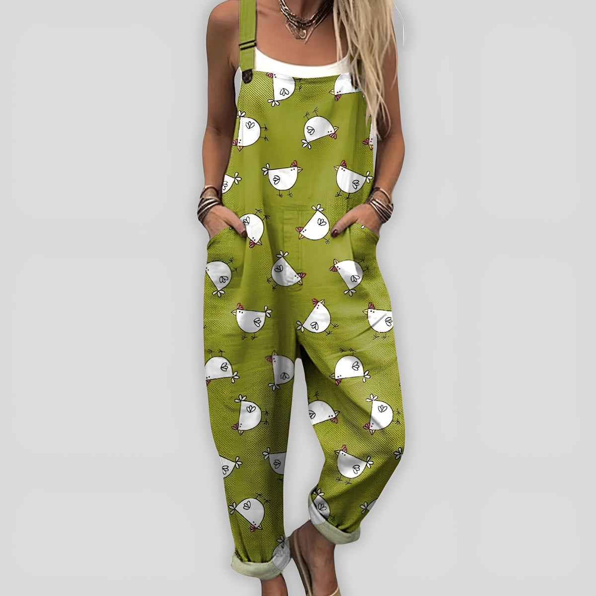 Combinaison ample sans manches vert anis, motif de souris blanches.
