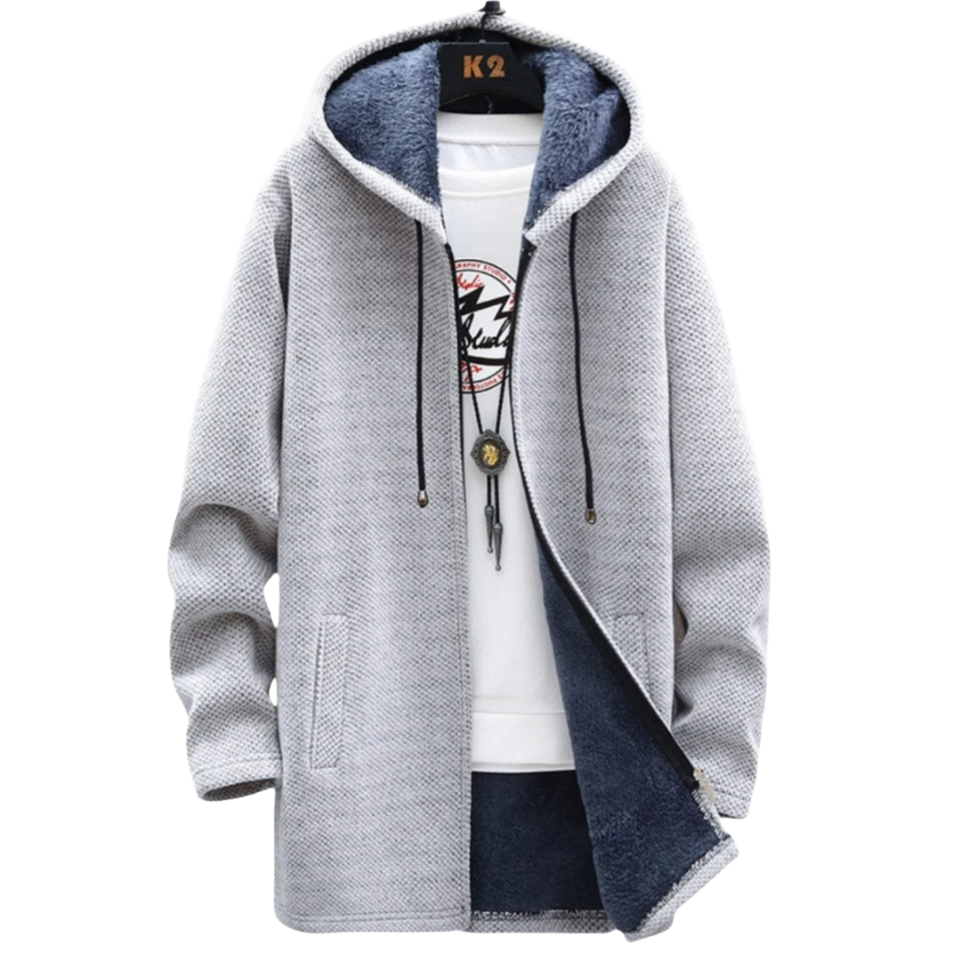Cardigan à capuche gris clair, fermeture éclair, poches latérales, doublure sombre