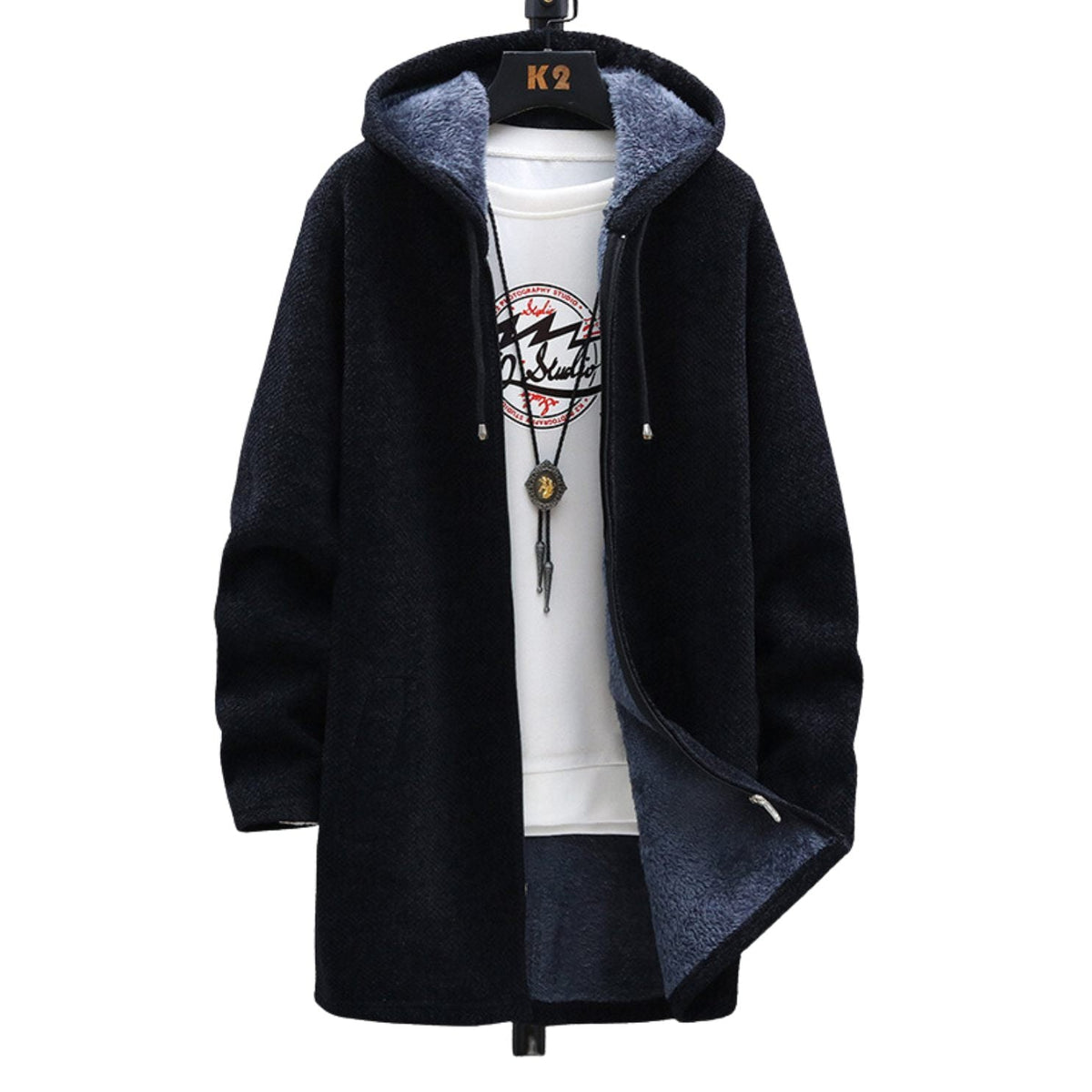 Cardigan à capuche noir, fermeture éclair, poches latérales, doublure intérieure sombre