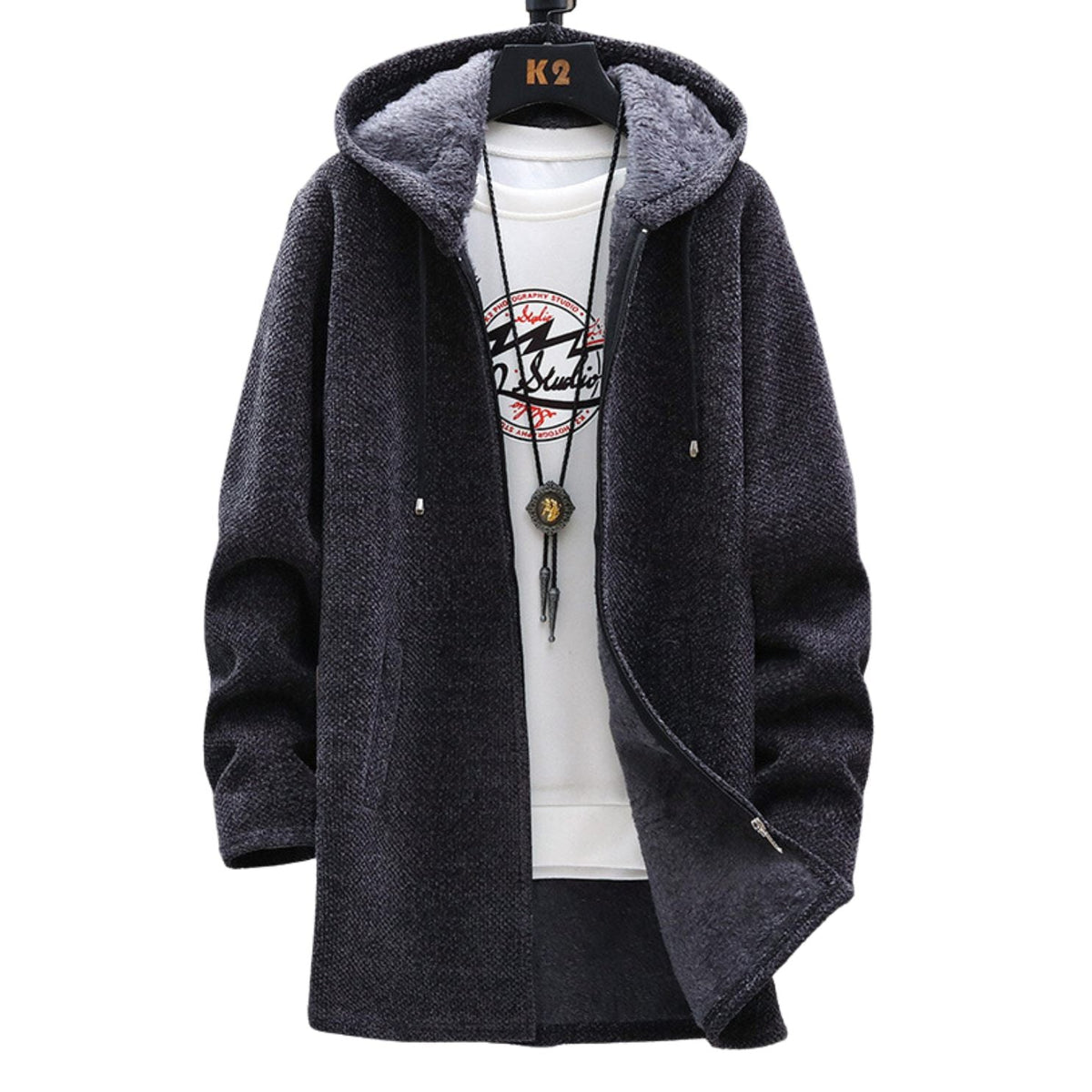 Cardigan à capuche gris foncé, fermeture éclair, poches latérales, doublure sombre