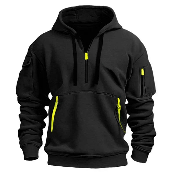 Sweat à capuche noir, zip à l’encolure, poche kangourou et poches zippées sur les manches