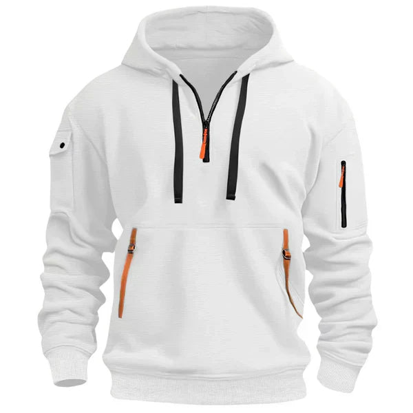 Sweat à capuche blanc, zip demi-col, poche kangourou et poches zippées latérales