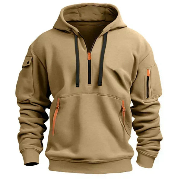 Sweat à capuche kaki, zip demi-col, poche kangourou et poches zippées sur les manches