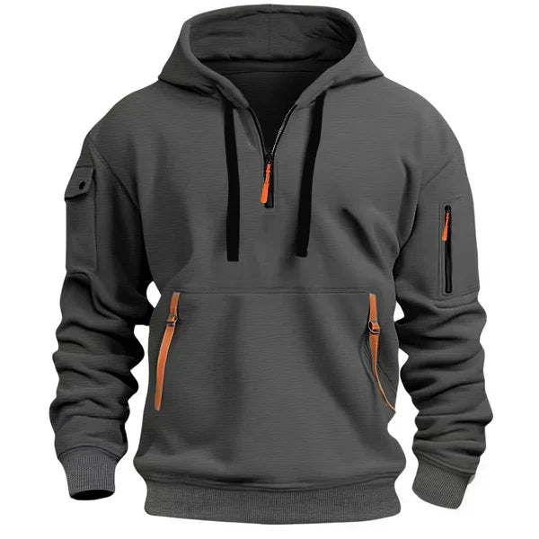 Sweat à capuche gris anthracite, zip demi-col, poche kangourou et poches zippées sur les manches